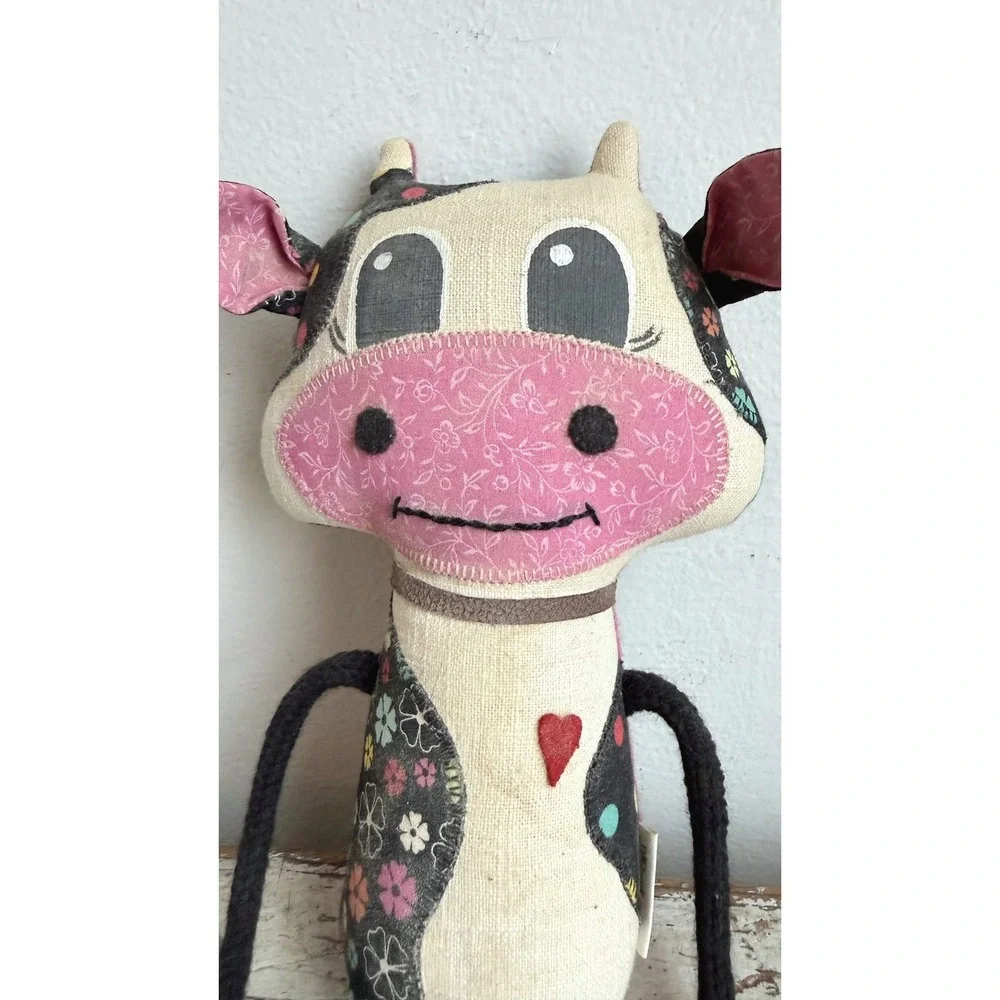 Pink Needle Felted Cow Plush Patchwork Floral Plaid Heart Bell Toy